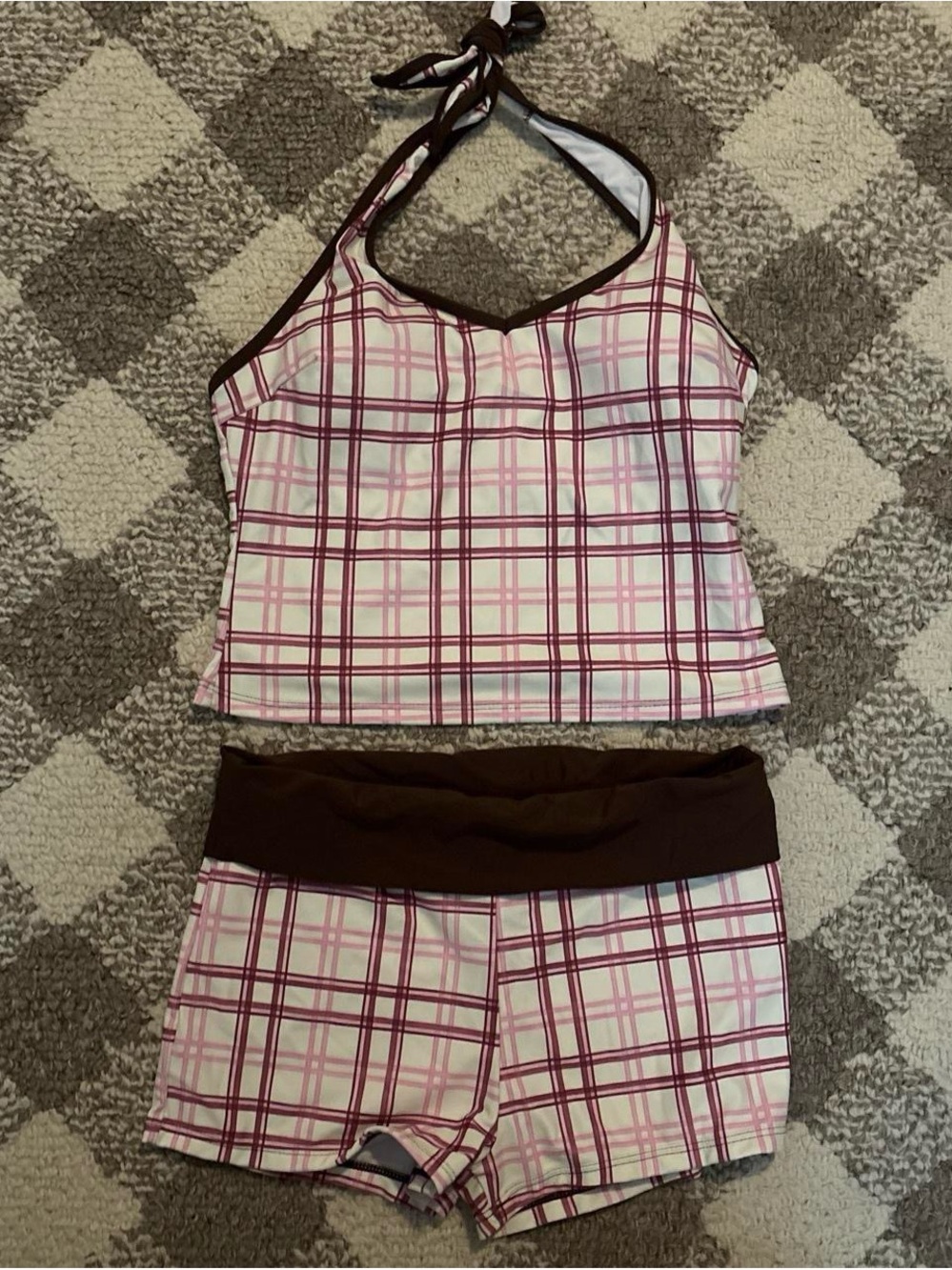 Plaid halter two piece swim suit set